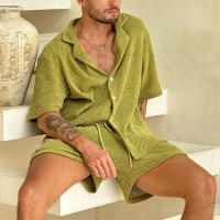 2025 Verano Nuevo Traje Casual Slim Solapa Manga Corta Camisa Abajo Top Cordón Pantalones Cortos Hombres Vestidos de Verano - details 2