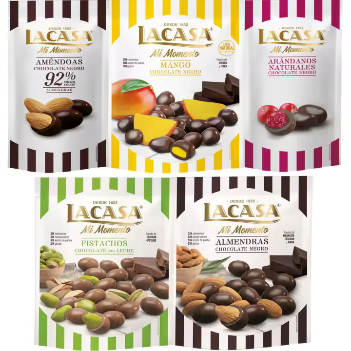 Lacasa Mi Momento pack de 5:Arándano Chocolate Negro ,Almendra 92% ,Almendra Chocolate Negro ,Pistacho Chocolate Leche ,Mango Chocolate Negro - 1