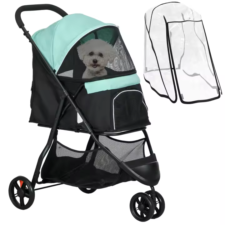 PawHut Carrito para Perros Plegable Cochecito para Mascotas Carrito para Perros Pequeños con Cesta de Almacenaje Ventana de Malla Cubierta para Lluvia y 2 Ruedas Universales 80,5x51,5x100 cm - 1