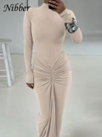 Vestido Simple Ruched Para Mujer Temperamento Moda Manga Larga Cuello En O Ajustado Estirado Clásico Hipster Vestidos - details 17