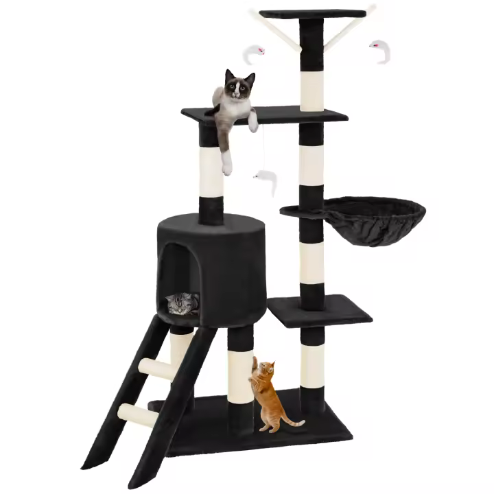 Tectake - Rascador para gatos Dominik, Altura de 144 cm, Con una caseta para gatos, Zona para tomar el sol y mirador, Incluye sistema de protección antivuelco, Incluye escaleras y 3 ratones de juego - 1