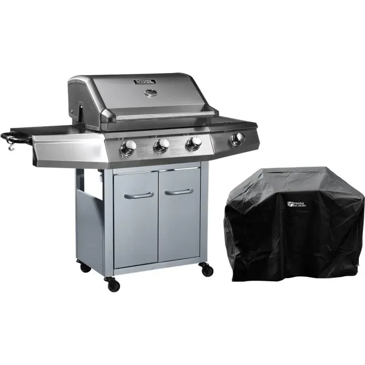 Barbacoa a gas con LED "Bingo 4" - 4 quemadores (1 lateral) - 14kW + Funda de protección- Plateado - 1