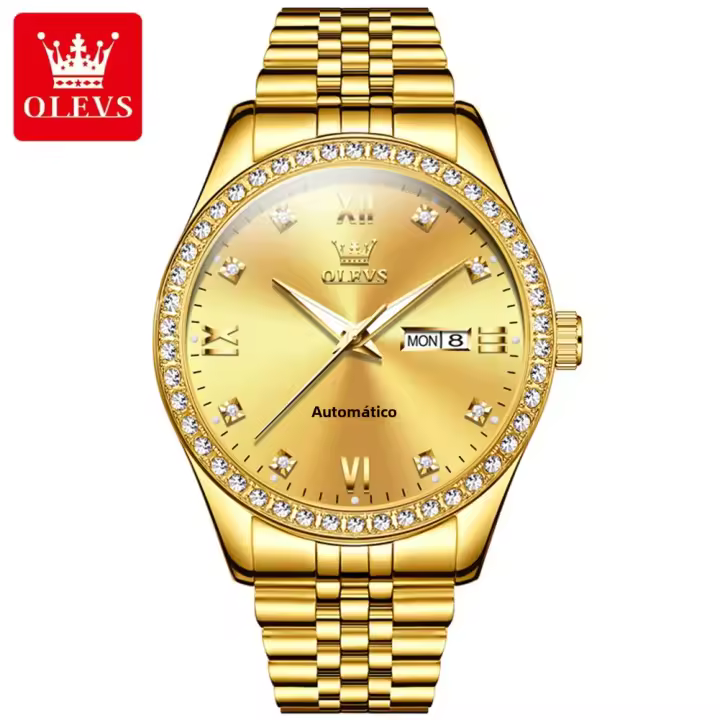 Reloj Mecánico Para Hombre OLEVS 7012 Con Diamantes Y Calendario Doble Resistente Al Agua Acero Inoxidable Pulsera Automática De Lujo - 1
