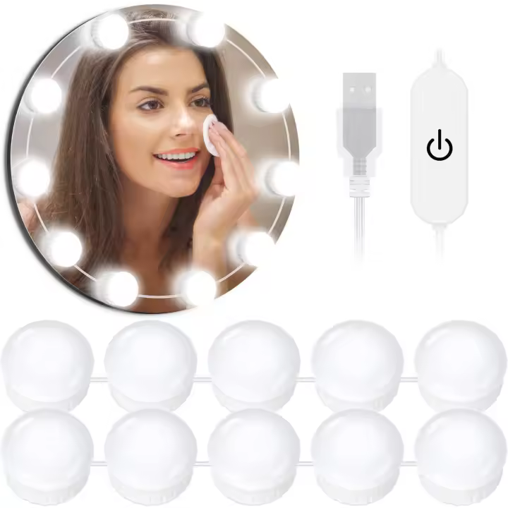 Luz para Espejo de tocador con cable USB, 10 bombillas regulables, Luz LED para tocador, 5 Modos de Brillo ajustables (Espejo no incluido) - 1
