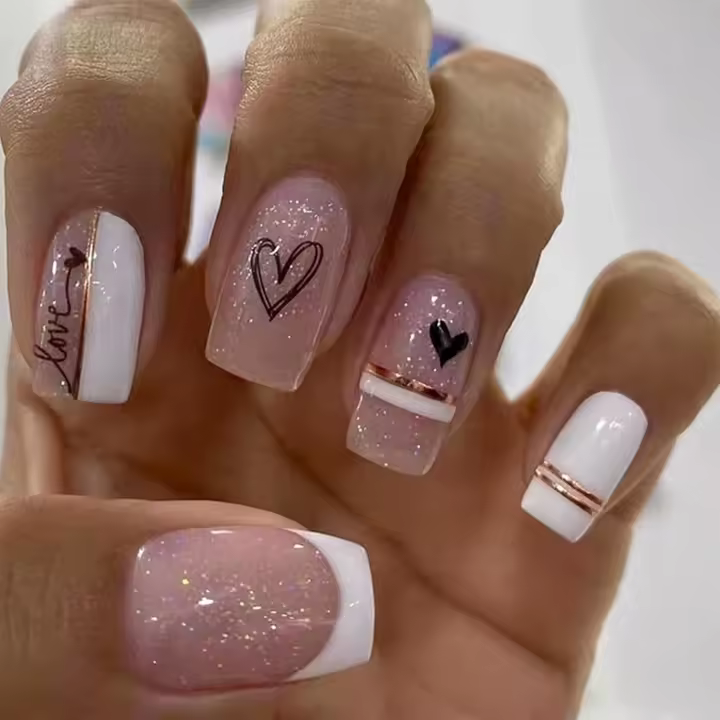 24 uñas postizas con punta Francesa, Rosa, con las Línea Doradas y Corazones Negros, extraíbles y pegables, accesorios para decoración de uñas para Mujer. - 1
