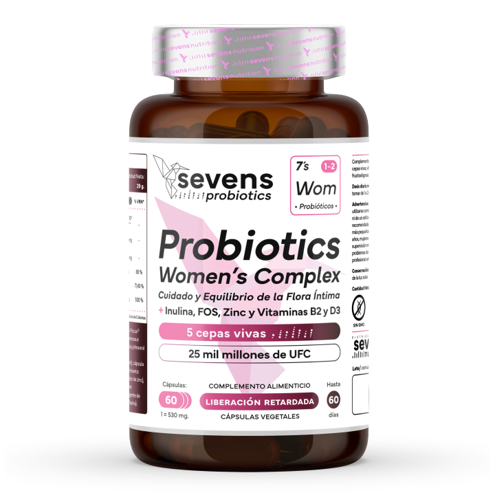 Probióticos Mujer Flora Íntima – 5 Cepas + Inulina, FOS, Zinc, Vitamina B2 y D3 – Flora Vaginal y Bienestar Íntimo – 60 Cápsulas Gastroresistentes – Sevens Nutrition