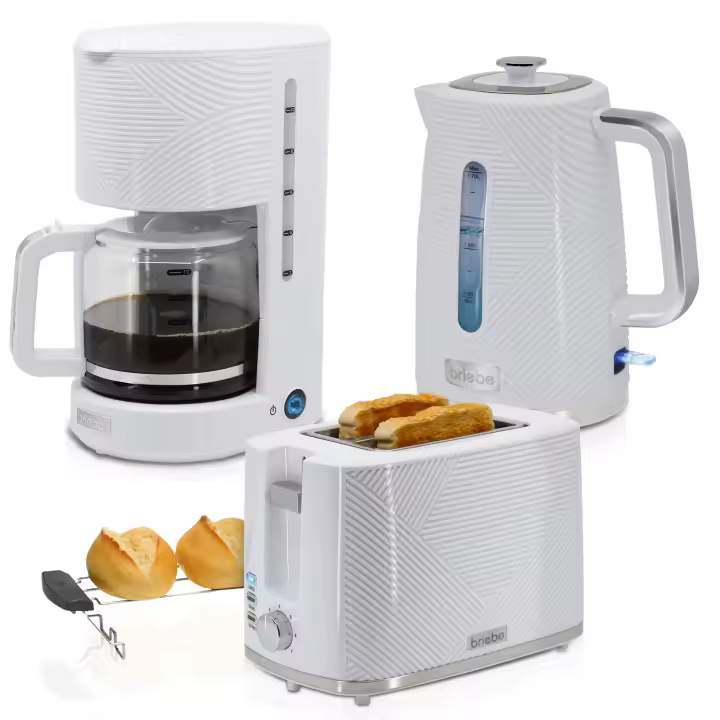 Briebe SKT1178WHT Elegance Set Tostador Pan Ranura Ancha 2 Rebanadas, Hervidor Agua Eléctrico 1,7L Cafetera 1,25L, , Blanco - 1