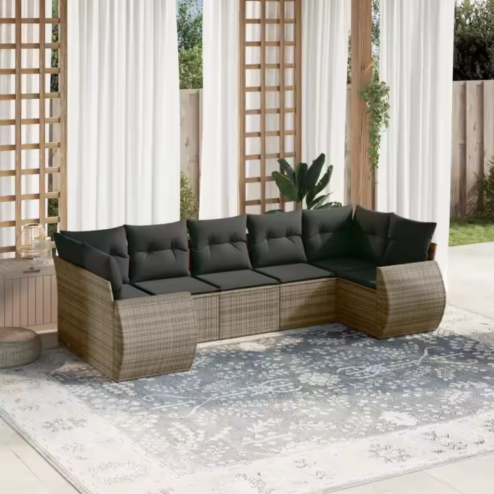 vidaXL Set de sofás de jardín 7 piezas con cojines ratán PE gris - 1