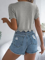 Cardigan De Punto Para Mujer Verano Otoño Ligero De Visón Manga Corta Cuello Redondo Estilo Casual Color Sólido Con Agujeros - details 35