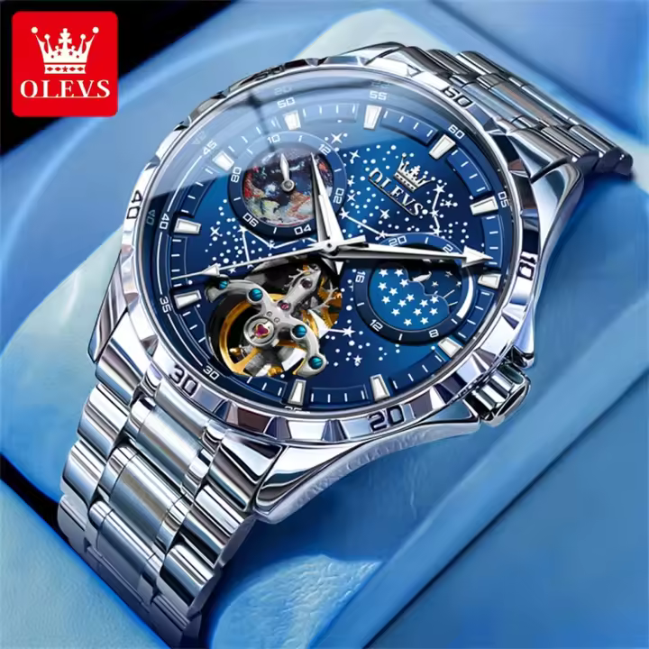 Reloj Mecánico Automático Para Hombre OLEVS Luminoso Resistente Al Agua Con Fase Lunar Y Múltiples Funciones Acero Inoxidable Sin Numeración - 1