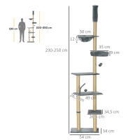 PawHut Árbol para Gatos de Suelo a Techo de 230-250 cm Árbol Rascador para Gatos con Altura Ajustable Múltiples Plataformas Cestos Hamaca Bolas Colgantes - details 2