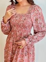 Vestido Midi De Mujer Casual Primavera Otoño Largo Manga Cuello Abierto Floral Impresión A-Line Vestido De Chiffón Con Cintura Elástica Y Cremallera En La Cintura - details 23