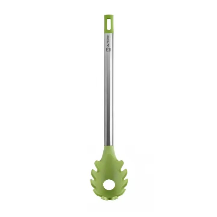 Bra - Cuchara de Pasta Prior, 33 cm, Acero Inoxidable y Silicona Verde, Apto Lavavajillas, Utensilio Cocina, Laterales Dentados - 1