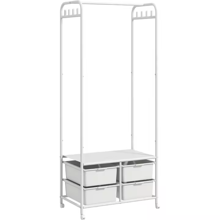 Perchero con Zapatero Moderno con 8 Ganchos 4 Cestas para Zapatos Perchero Entrada con Ruedas y Marco de Acero para Salón Dormitorio Pasillo 63x37x153 cm Blanco - 1