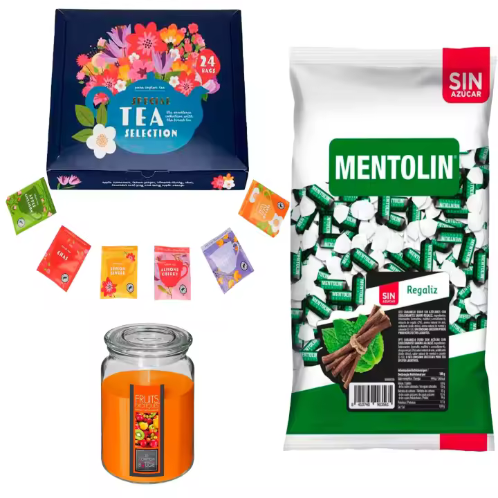 Pack surtido: MENTOLIN REGALIZ S/A BOLSA 1KG + Vela Perfumada de Frutas Exóticas 510g  + Set de Te con 24 bolsitas con diferentes sabores y aromas - 1