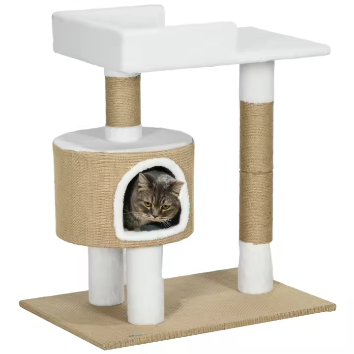 PawHut Rascador para gatos de 79 cm, pequeño árbol con cueva para gatos, rascador para gatos con zona de descanso, poste de escalada de yute para gatos de hasta 8 kg, mueble para gatos, marrón, blanco, imitación de cachemira - 1