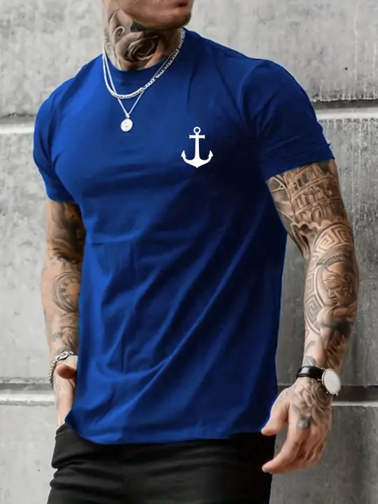 Camiseta De Algodón 100% Para Hombre Con Patrón De Ancla Casual Deportiva Ajustada Con Mangas Cortas Cuello Redondo - 1