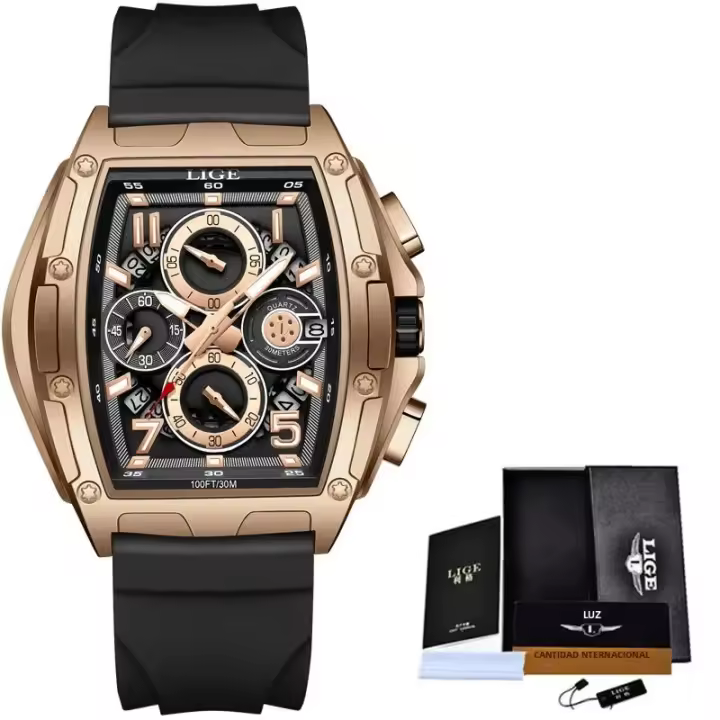 Reloj De Negocios LIGE Para Hombres Moda Cronógrafo Deportivo Resistente Al Agua Cuadrado De Silicona Reloj De Cuarzo Masculino - 1