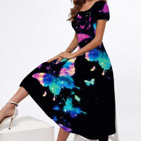 Nuevo Vestido Largo Impreso Para Mujer Talla Grande Cuello Redondo Manga Corta Estilo Preppy Mid-Calf Cierre De Cremallera - details 2
