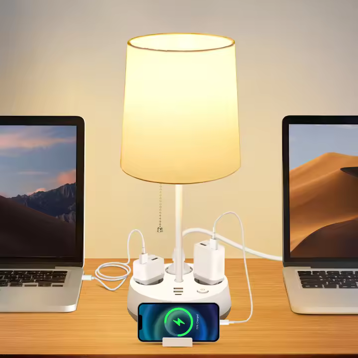 Aigostar Lámpara de Mesa E27 con Enchufe y Toma de Corriente, Salida USB y Tipo C, Lámpara de Mesita de Noche con Pantalla de Tela, Lámpara de Noche para Dormitorio Salón Oficina (Blanca) - 1