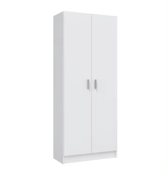 Meimon Armario escobero MULTIUSOS 2 puertas en color blanco, con estantes regulables, bisagras y soportes metálicos, tiradores ABS gris aluminio, estructura en melamina TIPO E1, medidas 180x73x37 cm, capacidad 45 kg - 1