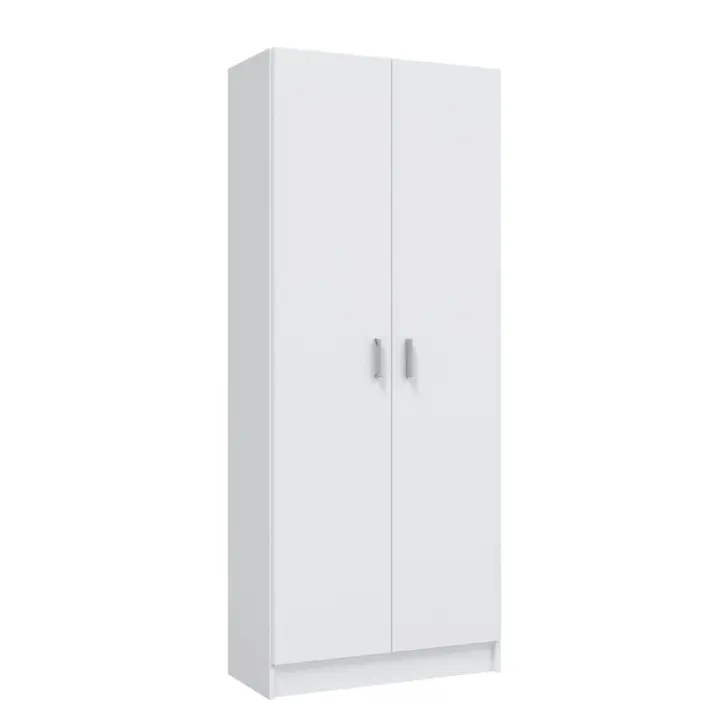 Meimon Armario escobero MULTIUSOS 2 puertas en color blanco, con estantes regulables, bisagras y soportes metálicos, tiradores ABS gris aluminio, estructura en melamina TIPO E1, medidas 180x73x37 cm, capacidad 45 kg - 1