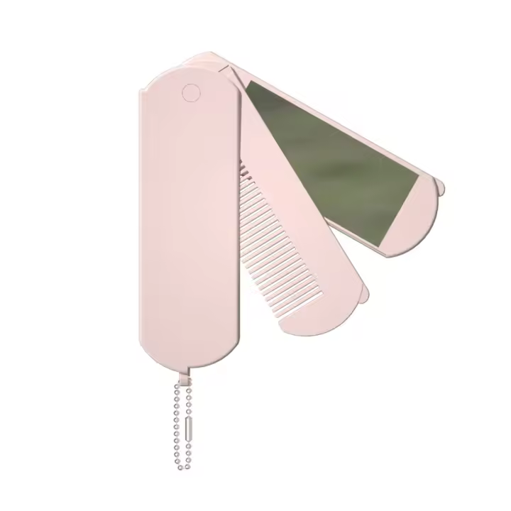 Espejo De Maquillaje Portátil Y Plegable Con Peine En Plástico Rosa Y Blanca Espejo De Vestíbulo Compacto Para Viajes - 1