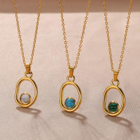 Collar De Novia De Acero Inoxidable Con Pedrería Natural Verde Y Diseño Geométrico Vacío Para Mujer Color Oro Joyería Moda Para BFF - details 3