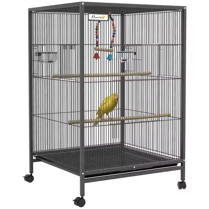 PawHut Jaula para Pájaros con Ruedas Pajarera de Acero con Comederos Perchas Columpio Estante Cuencos y Bandeja Extraíble Jaula Grande para Loros Canario Periquito 48x64x74 cm Gris - 1