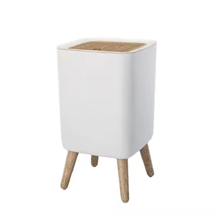 Bandeja De Basura Con Tapa Y Prensa Para Sala De Estar Baño Cocina Caja De Basura De Madera Imitada Con Pie Alto - 1