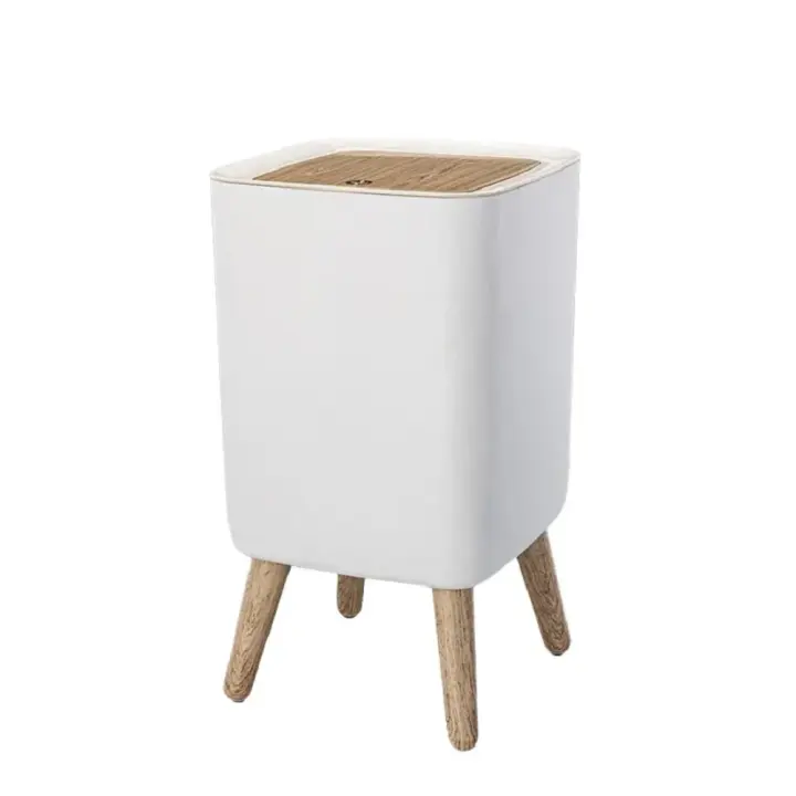 Bandeja De Basura Con Tapa Y Prensa Para Sala De Estar Baño Cocina Caja De Basura De Madera Imitada Con Pie Alto - 1