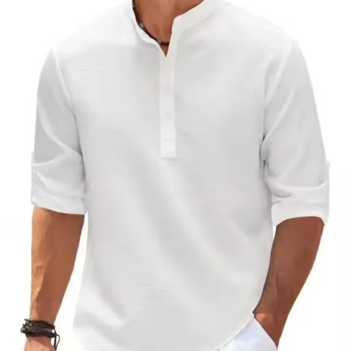 Camisa Larga De Manga Para Hombre Algodón Y Lino Estilo Playa Casual Color Sólido Cuello En Punta Talla Grande S-4XL Venta Caliente Primavera Otoño - 1