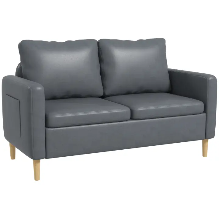 HOMCOM Sofá de 2 Plazas Sillón Moderno Tapizado en Poliéster con 2 Bolsillos Laterales Reposabrazos y Patas de Madera para Dormitorio Oficina Carga 200 kg 143x76x83 cm Gris - 1