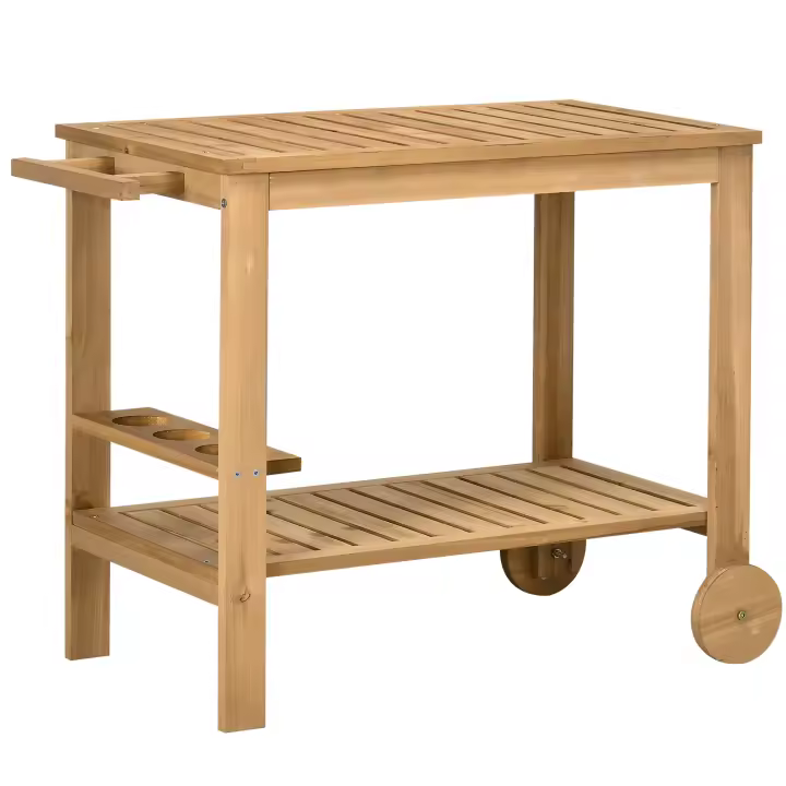 Outsunny Carrito de Madera de Bar Carro de Servicio de 2 Niveles con Asa Lateral 3 Portabotellas y 2 Ruedas para Jardín Patio Terraza 95x47x74 cm Natural - 1