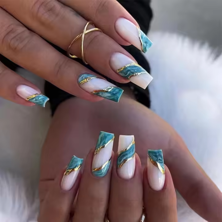 24 uñas postizas largas type ataúd, de Mármol, adhesivas, y Verdes blancias, with pegamento, extraíbles, accesorios para decoración de uñas para Mujeres y niñas. - 1