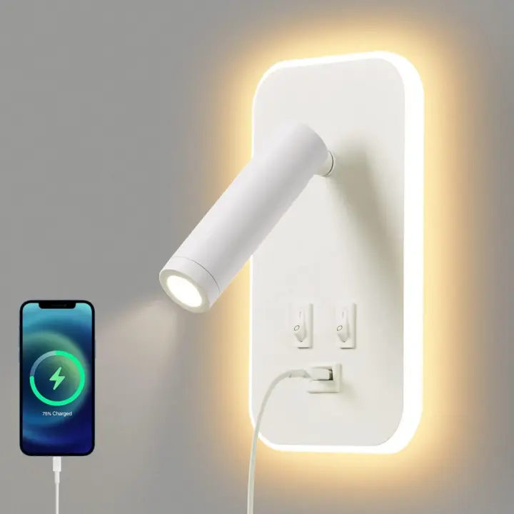 Luz de pared LED, lámpara de lectura de cabecera con interruptor, puerto de carga USB, foco ajustable para iluminación ambiental de dormitorio (blanco) - 1
