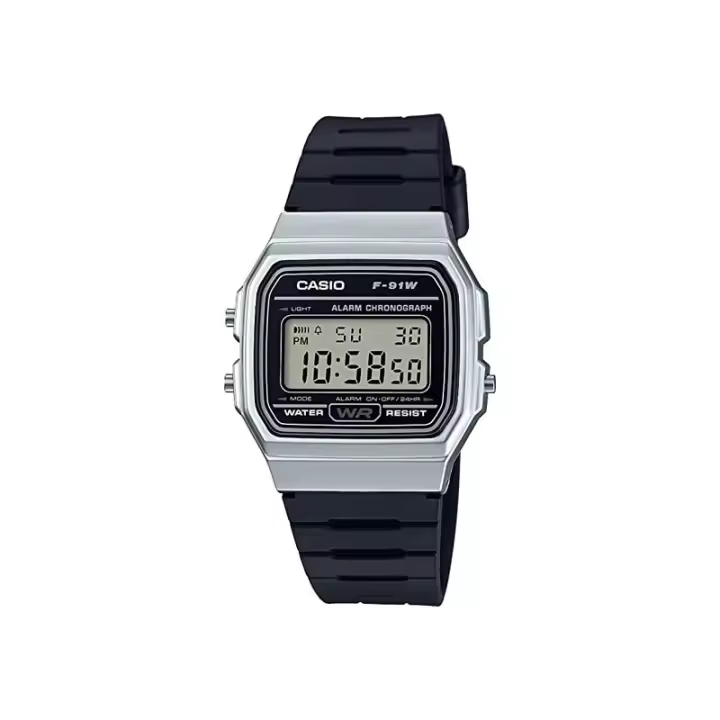 Reloj Casio digital unisex F-91WM-7A caja plateada correa resina negra F91WM7A - 1