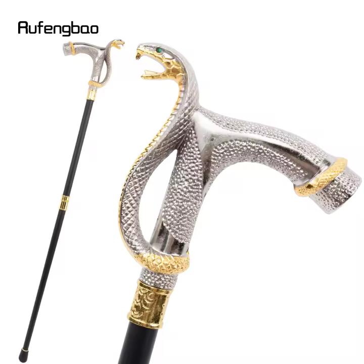 Bastón De Moda Con Cabeza De Cobra Dorada Y Blanco Decorativo Para Cosplay Vintage Bastón Cruzado De Acero 93cm Con Punta De Goma - 1