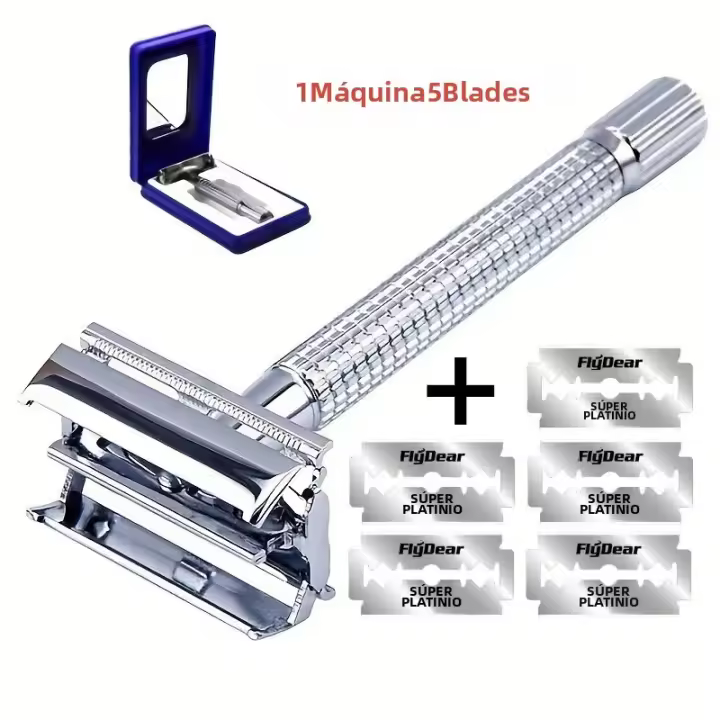 Afeitadora Manual De Acero Inoxidable Para Hombres Con Mango Antideslizante Doble Cara Y Cuchilla Rápida De Repuesto (1 Máquina + 10 Hojas) - 1