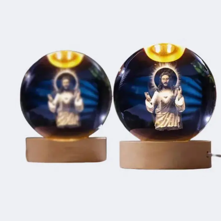 Lámpara De Noche De Cristal Con Halo Jesús Bombilla Incluida Base De Madera Decoración Para El Hogar Regalo De Cumpleaños O Graduación - 1