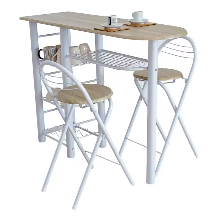 Conjunto Mesa de Cocina Bar Ahorra Espacio | Estructura Metálica y Tabla de Madera Blanca | 4 Estantes + 2 Taburetes Plegables Blancos - 1