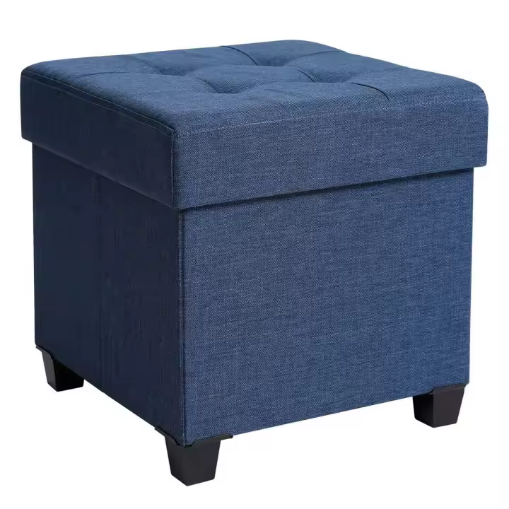Taburete reposapiés cuadrado con almacenamiento y tapizado capitoné, patas de madera maciza, asiento acolchado de espuma, disponible en gris oscuro, gris claro y azul marino - 1