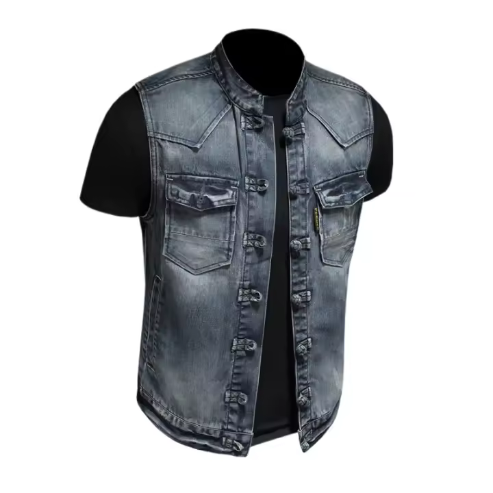 Chaleco De Mezclilla Casual Para Hombre Estilo 2025 Moda Elegante Color Sólido Con Hebilla Alta Calidad Boutique Todo Incluido - 1