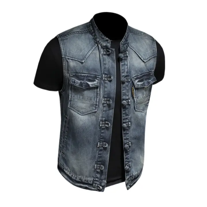 Chaleco De Mezclilla Casual Para Hombre Estilo 2025 Moda Elegante Color Sólido Con Hebilla Alta Calidad Boutique Todo Incluido - 1