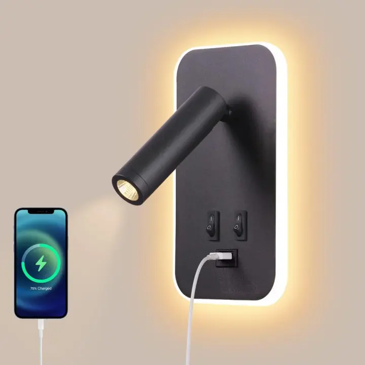 Luz de pared LED, lámpara de lectura de cabecera con interruptor, puerto de carga USB, foco ajustable para iluminación ambiental de dormitorio (negro) - 1