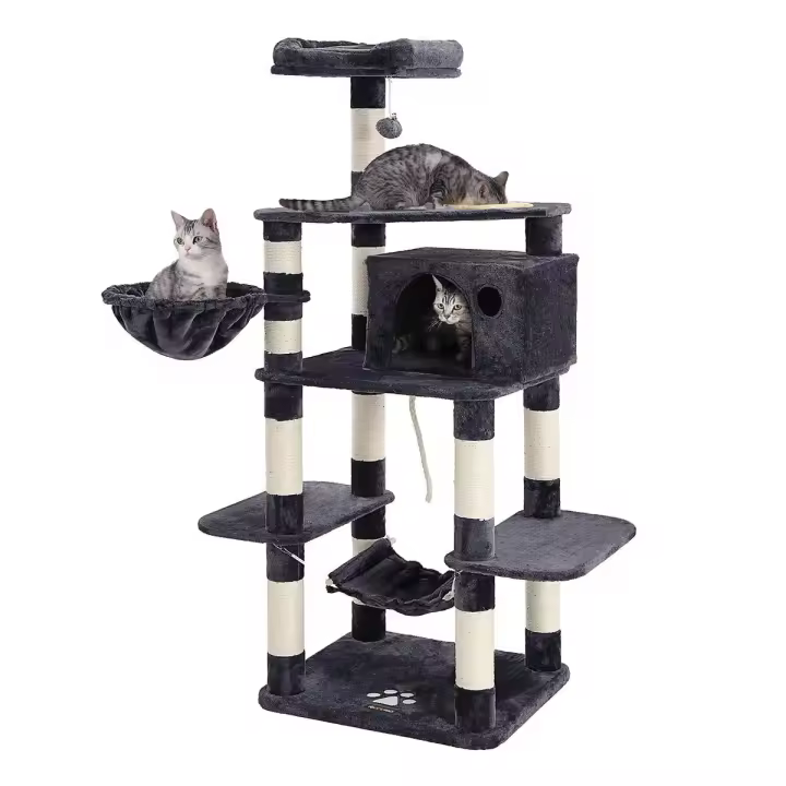 Rascador para gatos de varios niveles de 174 cm, incluye tazón de comida, postes de sisal, cesta flotante, caseta, en antracita o gris claro - 1