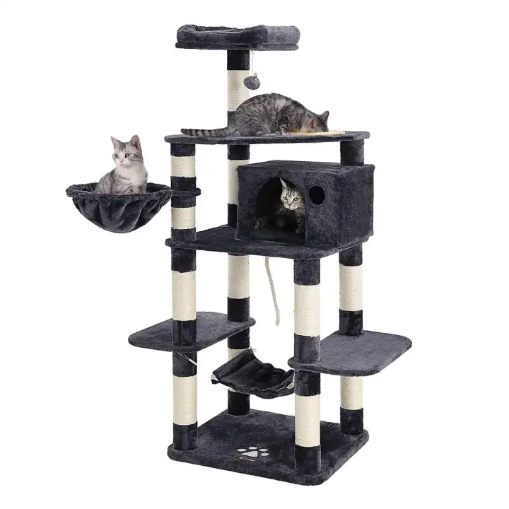 Rascador para gatos de varios niveles de 174 cm, incluye tazón de comida, postes de sisal, cesta flotante, caseta, en antracita o gris claro - 1