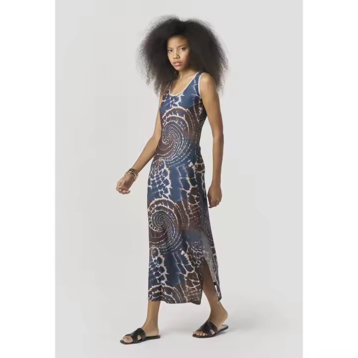 Koroshi - Vestido largo mujer estampado tie-dye espirales azul marino marrón crudo sin mangas con aberturas laterales 95% poliéster 5% elastano - 1