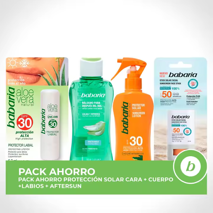 BABARIA Pack ahorro protección solar - Contiene Stick Facial SPF50 + Spray Protector Aloe SPF30 200ml + After Sun Bálsamo Efecto Hielo Aloe 100ml + Lápiz Labial SPF30 - 1