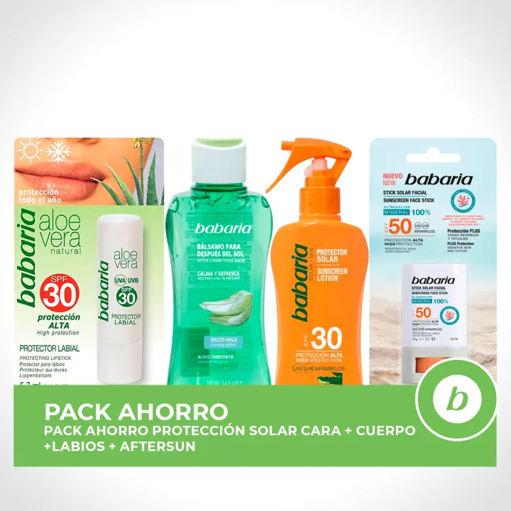 BABARIA Pack ahorro protección solar - Contiene Stick Facial SPF50 + Spray Protector Aloe SPF30 200ml + After Sun Bálsamo Efecto Hielo Aloe 100ml + Lápiz Labial SPF30 - 1
